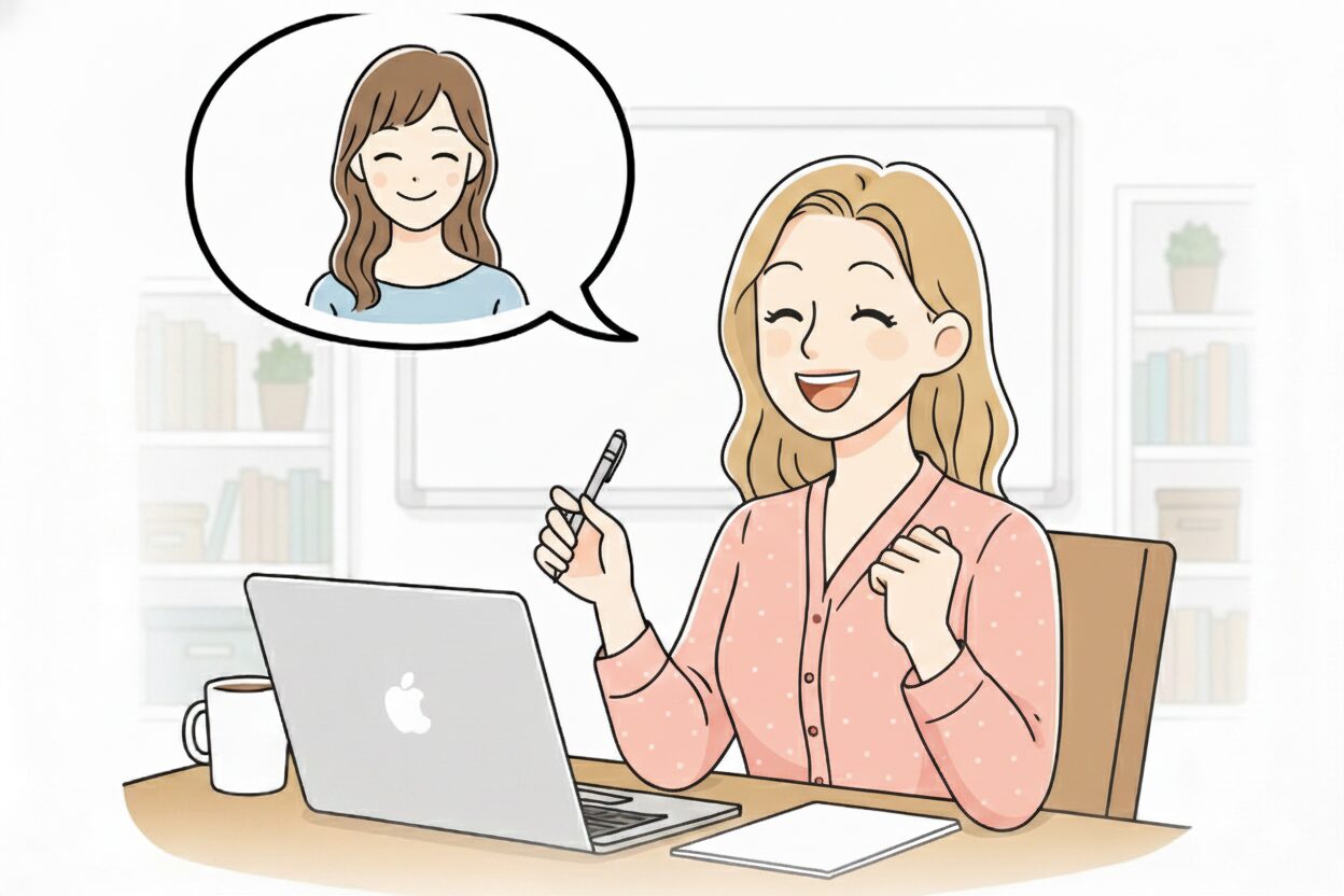 九星気学を学ぶ女性のイラスト（オンライン講座のイメージ）